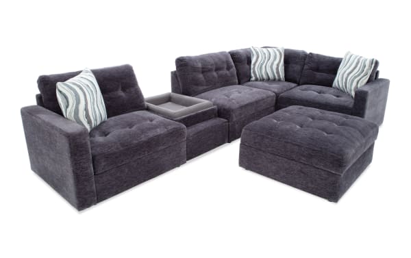 Charcoal gray Modular Bob® 6-piece contemporary sectional with plush polyester fabric, memory foam cushions, pet bed console, storage seats, and USB ports.