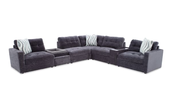Charcoal gray Modular Bob® 7-piece contemporary fabric sectional with memory foam cushions, pet bed console, storage seats, and USB ports.