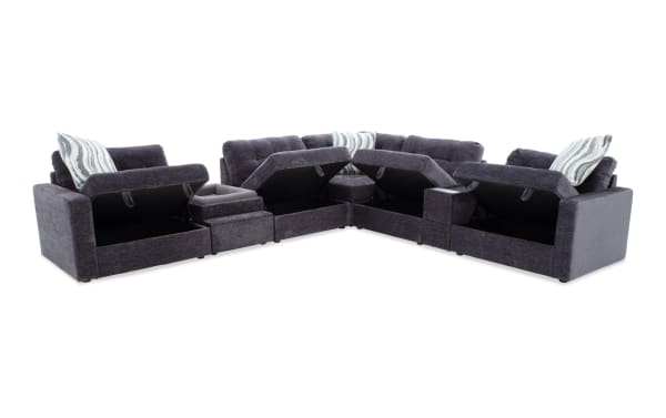 Charcoal gray Modular Bob® 7-piece contemporary fabric sectional with storage seats, pet bed console, USB ports, and memory foam cushions.
