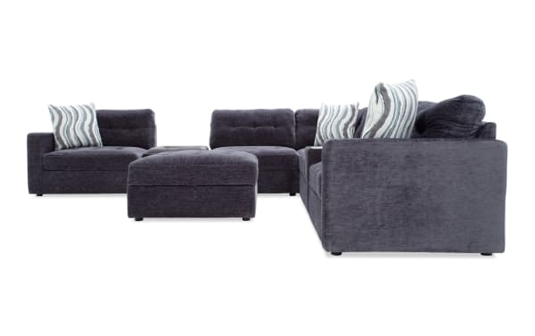 Modular Bob® Charcoal 129" 8-piece contemporary sectional with charcoal polyester fabric, memory foam cushions, storage seats, pet bed console, and USB ports.