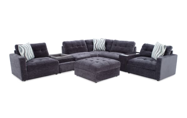 Modular Bob® Charcoal 129'' 8-piece contemporary sectional in gray polyester fabric with storage ottoman, pet bed console, USB ports, and memory foam cushions.