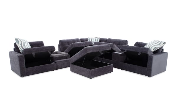 Charcoal gray Modular Bob® 8-piece contemporary fabric sectional with memory foam cushions, pet bed console, USB ports, and hidden storage.