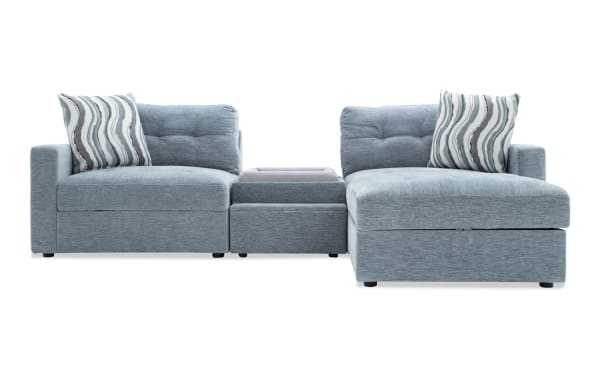 Light blue Modular Bob® Spa Blue 98'' 4-piece contemporary sectional with polyester fabric, memory foam cushions, pet bed console, storage seats, and USB ports.