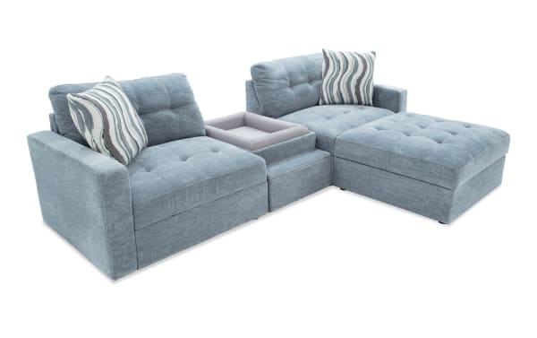 Modular Bob® Spa Blue 98" 4-piece contemporary sectional in light blue polyester fabric with pet bed console, storage chairs, ottoman, memory foam cushions, and USB ports.