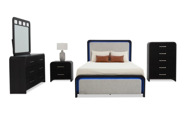 Cascade 5 Piece Twin Black & Beige Upholstered Panel Bedroom Set with plush polyester fabric, MDF frame, felt-lined drawers, USB ports, and LED lighting.