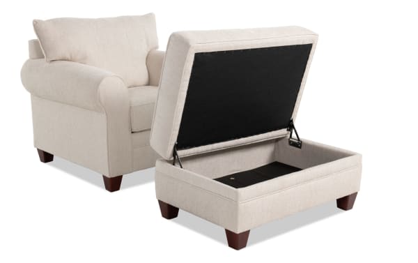 Beige Portland transitional chair with soft polyester fabric, included accent pillow, and matching storage ottoman with hinged lid for versatile seating and storage.
