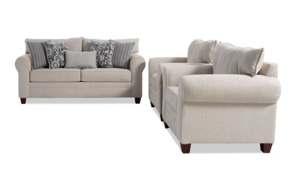 Portland Beige 85'' sofa and 2 chairs set in beige polyester fabric, transitional style with rolled arms and accent pillows for comfortable living room seating.