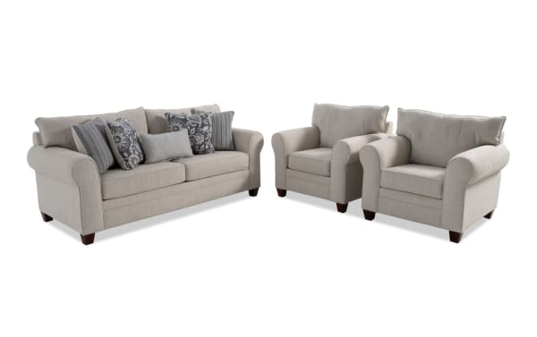 Portland Beige 85'' Sofa and 2 Chairs set in beige polyester fabric, transitional style with rolled arms and included patterned accent pillows.