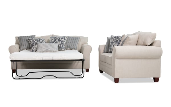 Beige Portland transitional 85" sleeper sofa with queen gel memory foam mattress and 65" loveseat, polyester fabric upholstery, includes accent pillows.