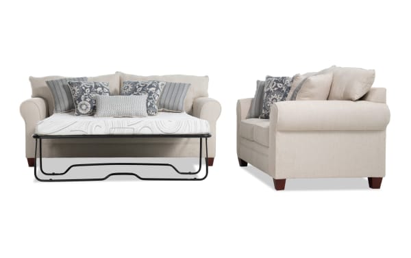 Portland Beige 85'' transitional sleeper sofa with queen cooling gel memory foam mattress and 65'' loveseat set in soft beige polyester fabric with accent pillows.