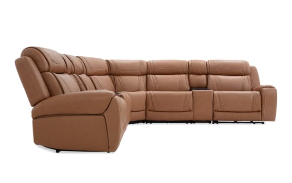 Dynamic Cognac leather 7-piece sectional sofa with Bluetooth audio, power reclining, massage, USB ports, and cold-storage console in transitional style.