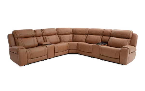 Dynamic Cognac Leather 131'' Bluetooth Audio Power Reclining 7 Piece Sectional in brown leather, transitional style with power recliners and console.