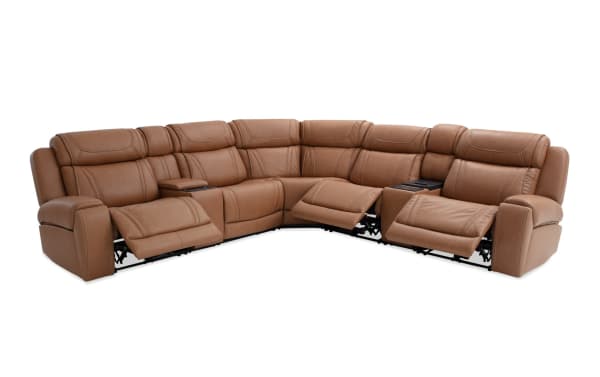 Dynamic Cognac Leather 131" Bluetooth Audio Power Reclining 7-Piece Sectional with transitional style, brown leather upholstery, power recliners, headrests, and tech features.