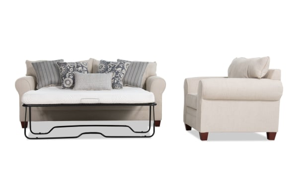 Beige Portland 85'' transitional sleeper sofa with queen gel memory foam mattress and matching fabric polyester chair, featuring plush accent pillows.