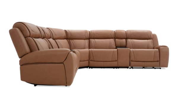 Dynamic Cognac Leather 131" Power Reclining 7-Piece Sectional with USB/USB-C ports, independent power headrests, cup holders, and transitional style.