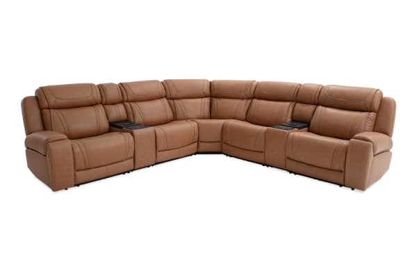 Dynamic Cognac Leather 131" Power Reclining 7-Piece Sectional in brown transitional style with USB/USB-C ports, cup holders, and plush leather upholstery.