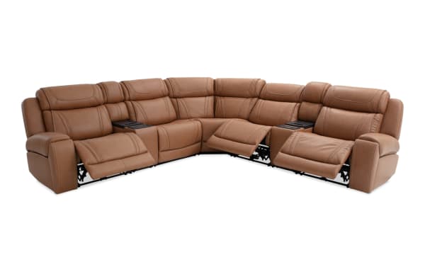 Dynamic Cognac Leather 131" Power Reclining 7 Piece Sectional in brown transitional style with USB/USB-C ports, wireless charging, cup holders, and massage features.