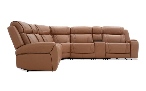 Dynamic Cognac Leather 131" Power Reclining 6-Piece Sectional with USB/USB-C ports, transitional style, brown leather upholstery, memory foam, and massage features.