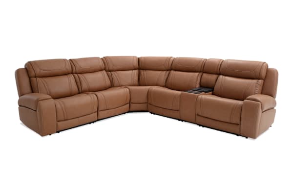 Dynamic Cognac Leather 131'' Power Reclining 6-Piece Sectional in brown transitional style with USB/USB-C ports, wireless charging, and memory foam comfort.