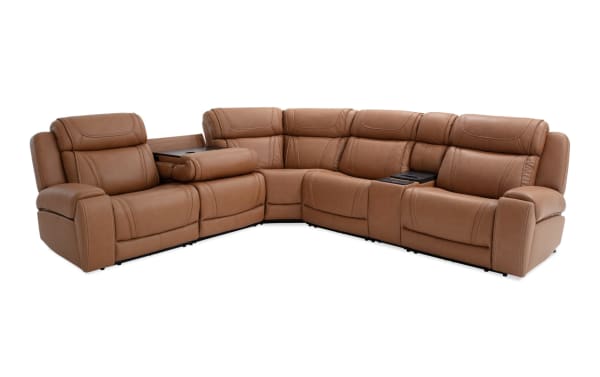 Dynamic Cognac Leather 131" Power Reclining 6-Piece Sectional in transitional style with USB/USB-C ports, wireless charging, memory foam, and massage features.
