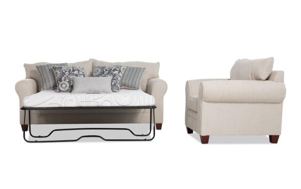 Portland Beige 85'' transitional sleeper sofa and chair set in beige polyester fabric, featuring queen cooling gel memory foam mattress and patterned accent pillows.