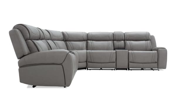 Dynamic Gray Leather 131'' Bluetooth Audio Power Reclining 7 Piece Sectional in gray leather with transitional style, power recliners, and cup holders.