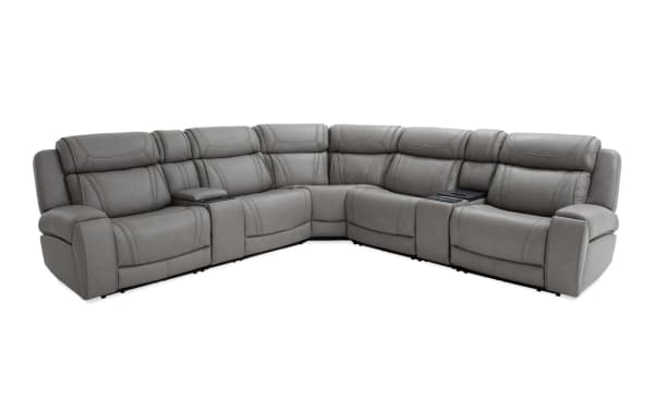 Dynamic Gray Leather 131'' Bluetooth Audio Power Reclining 7 Piece Sectional in gray leather, transitional style with power headrests, reclining seats, and console.