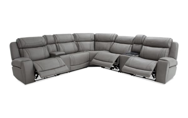 Dynamic Gray Leather 131'' Bluetooth Audio Power Reclining 7 Piece Sectional in gray leather with transitional style, featuring power recliners, cup holders, and tech-enabled console.