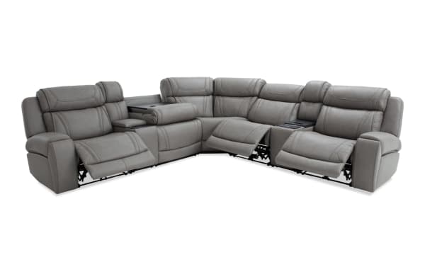 Dynamic Gray Leather 131'' Bluetooth Audio Power Reclining 7 Piece Sectional in gray leather with transitional style, power recliners, USB ports, and massage features.