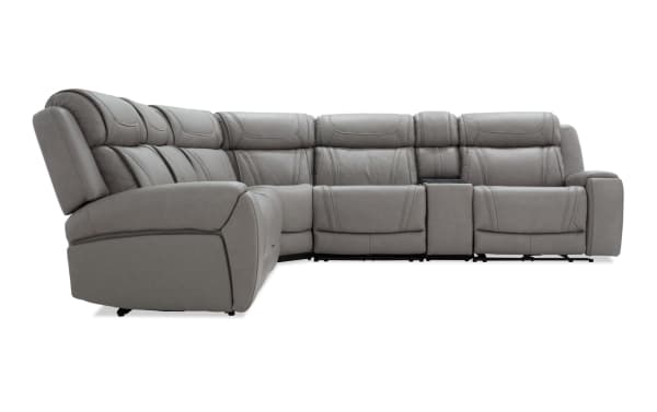 Dynamic Gray Leather 131" Power Reclining 6-Piece Sectional with USB/USB-C ports, gray leather upholstery, transitional style, memory foam, massage, and cup holders.