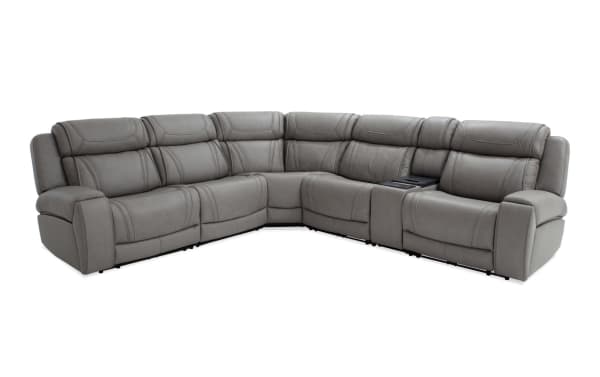 Dynamic Gray Leather 131" Power Reclining 6-Piece Sectional in gray transitional style, featuring USB/USB-C ports, power headrests, and cold-storage console.