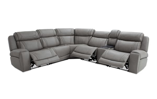 Dynamic Gray Leather 131" Power Reclining 6-Piece Sectional with USB/USB-C ports, wireless charging, massage, cup holders, and Bob-O-Pedic memory foam.