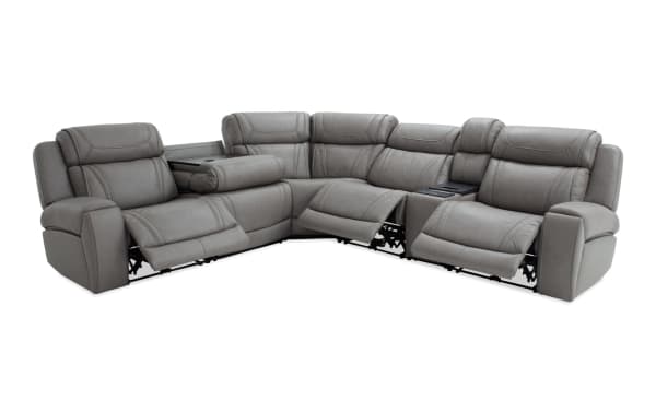 Dynamic Gray Leather 131'' Power Reclining 6 Piece Sectional with USB & USB-C ports, transitional style, gray leather upholstery, memory foam, massage, cup holders, wireless charging console.