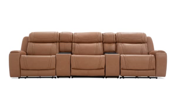 Dynamic Cognac leather 136" power reclining 5-piece sofa with armless chair, power headrest, lumbar, cup holders, and console with USB ports.