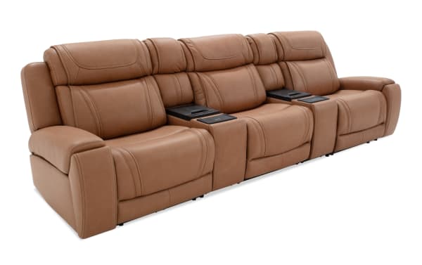 Dynamic Cognac leather 136" power reclining 5-piece sofa with armless chair, power headrest, lumbar support, cup holders, and console.