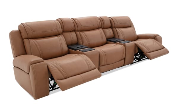 Dynamic Cognac leather 136" power reclining 5-piece sofa with armless chair, power headrest, lumbar support, cup holders, and console.