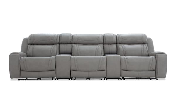 Dynamic Gray Leather 136'' Power Reclining 5-Piece Sofa with armless recliner, USB and USB-C ports, transitional style, gray leather upholstery, memory foam cushions, and built-in cup holders.