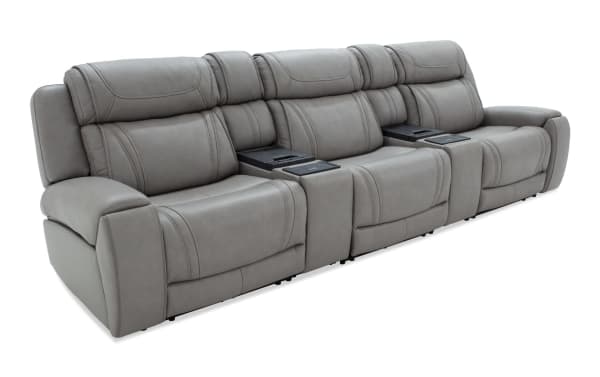 Dynamic Gray Leather 136'' power reclining 5-piece sofa with armless recliner, USB/USB-C ports, lay-flat heads, cold-storage console, and cup holders.