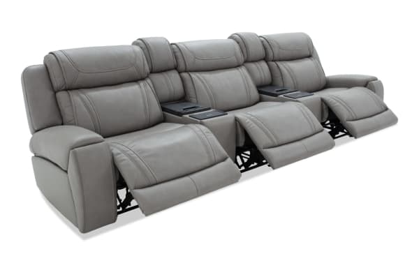 Dynamic Gray Leather 136'' Power Reclining 5 Piece Sofa with armless recliner, USB and USB-C ports, gray leather upholstery, transitional style, cup holders, and power headrests.
