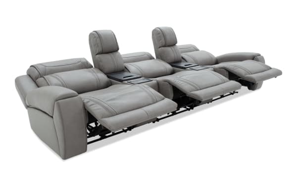 Dynamic Gray Leather 136" Power Reclining 5-Piece Sofa with armless recliner, USB/USB-C ports, independent power headrests, and gray transitional leather upholstery.