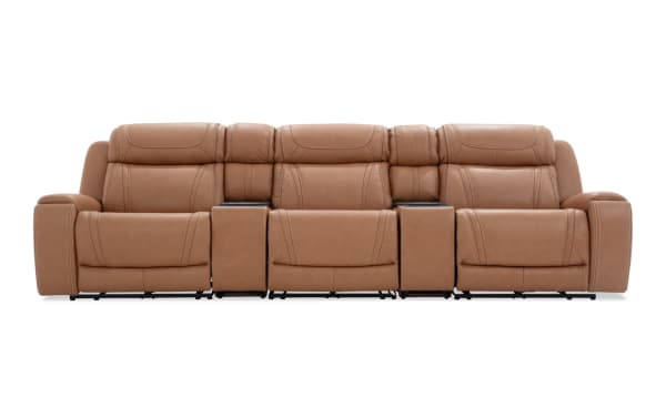 Dynamic Cognac Leather 136'' Power Reclining 5-Piece Sofa with armless recliner, power headrest, lumbar, cup holders, and cold-storage console.