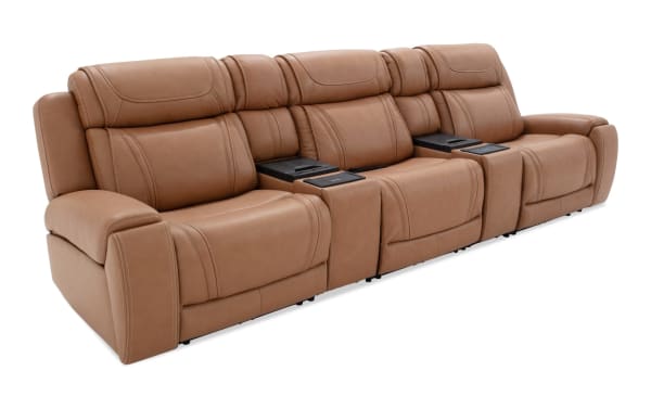 Dynamic Cognac leather 136" transitional 5-piece power reclining sofa with armless recliner, power headrest, lumbar, memory foam, and console.