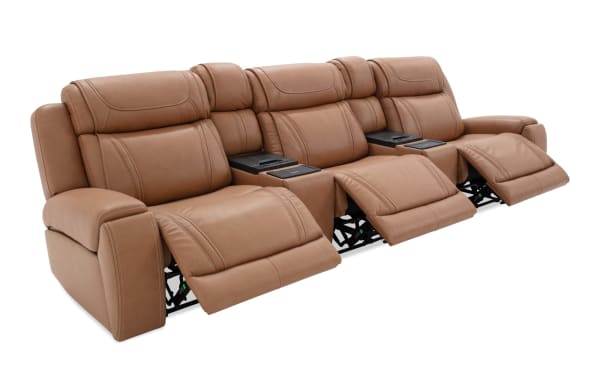 Dynamic Cognac Leather 136'' Power Reclining 5-Piece Sofa with armless recliner, power headrest, lumbar, memory foam, massage, and USB ports.