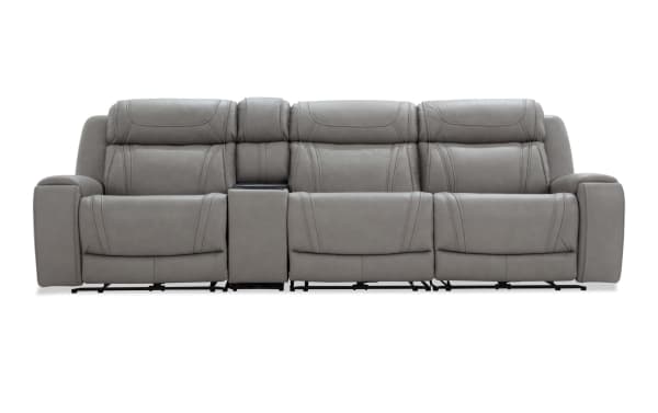 Dynamic Gray Leather 123'' Power Reclining 4 Piece Sofa from Dynamic collection, transitional style with gray leather upholstery, armless recliner, USB & USB-C ports, cup holders, and memory foam cushioning.