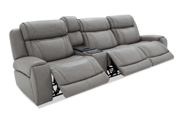 Dynamic Gray Leather 123" power reclining 4-piece sofa with armless recliner, USB and USB-C ports, transitional style, gray leather upholstery, memory foam, and cup holders.