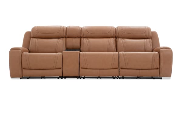 Dynamic Cognac leather 123" transitional 4-piece power reclining sofa with armless recliner, USB and USB-C ports, and memory foam upholstery.