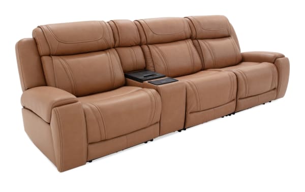 Dynamic Cognac Leather 123'' Power Reclining 4-Piece Sofa with armless recliner, USB/USB-C ports, cup holders, and transitional brown leather upholstery.