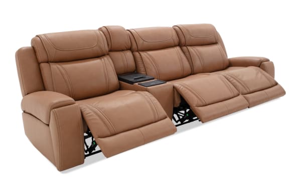 Dynamic Cognac leather 123" power reclining 4-piece transitional sofa with armless recliner, USB/USB-C ports, cup holders, and memory foam cushioning.