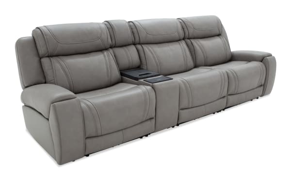 Dynamic Gray Leather 123" power reclining 4-piece sofa with armless chair, USB and USB-C ports, transitional style, gray leather upholstery, memory foam cushioning, and built-in console with cup holders.