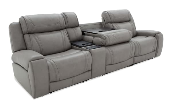 Dynamic Gray Leather 123'' Power Reclining 4-Piece Sofa with armless chair, USB & USB-C ports, transitional style, gray leather upholstery, memory foam cushions, and built-in console with cup holders.